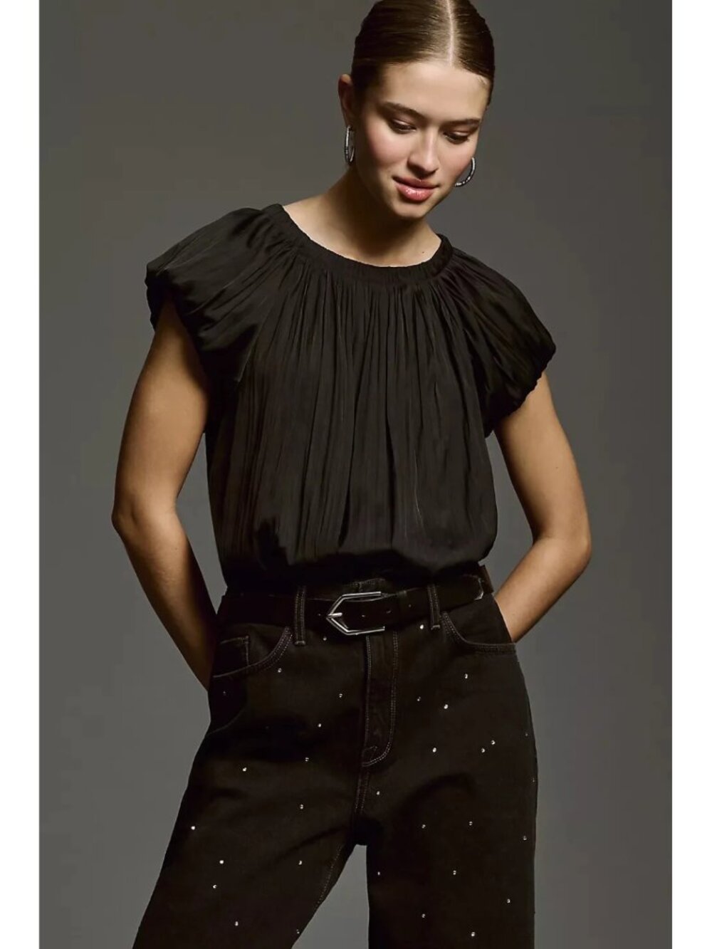 By Anthropologie Short-Sleeve Bubble Blouse Pleated Satin Puff Sleeve Size Small